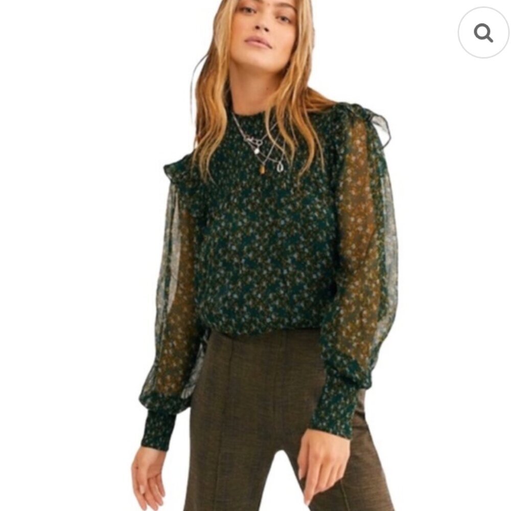 Free People Smocked Floral Roma Blouse in Forest Combo Womens Small Boho Indie